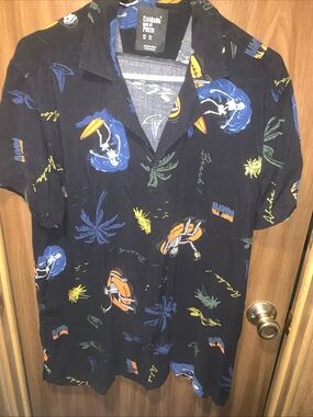Cuidado Con El Perro Men's Party Skeleton Surf Aloha Button Down Shirt Size M
